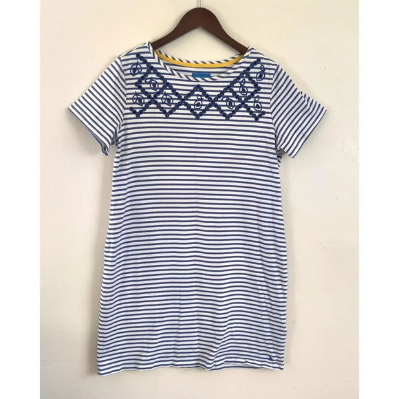 Joules Riviera Striped Dress Blue White Size 12 Embroidered Short Sleeve - Picture 1 of 9